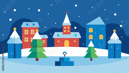 Winter town with christmas trees and snow