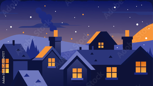 Illustration of houses under a starry night