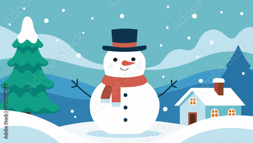 Illustration of a snowman in winter scene