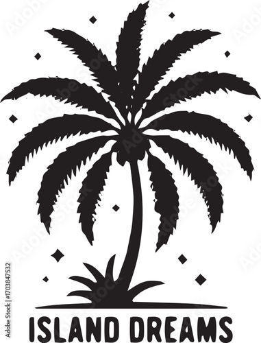 Silhouette of a tropical palm tree with island dreams text below