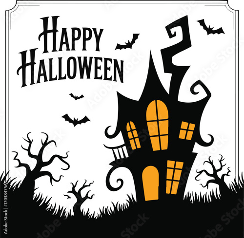 Silhouette halloween scene with haunted houses trees and bats under a full moon spooky and festive design