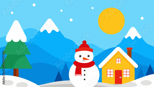 Winter scene with snowman and yellow house