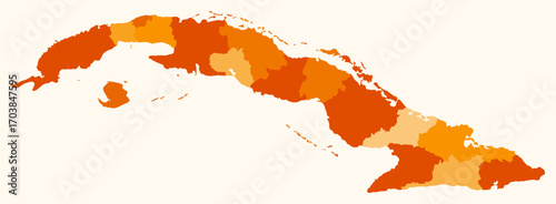 Map of Cuba with regions. Just a simple country border map with region division. Orange color palette. Blank Republic of Cuba shape with administrative division. Vector illustration.