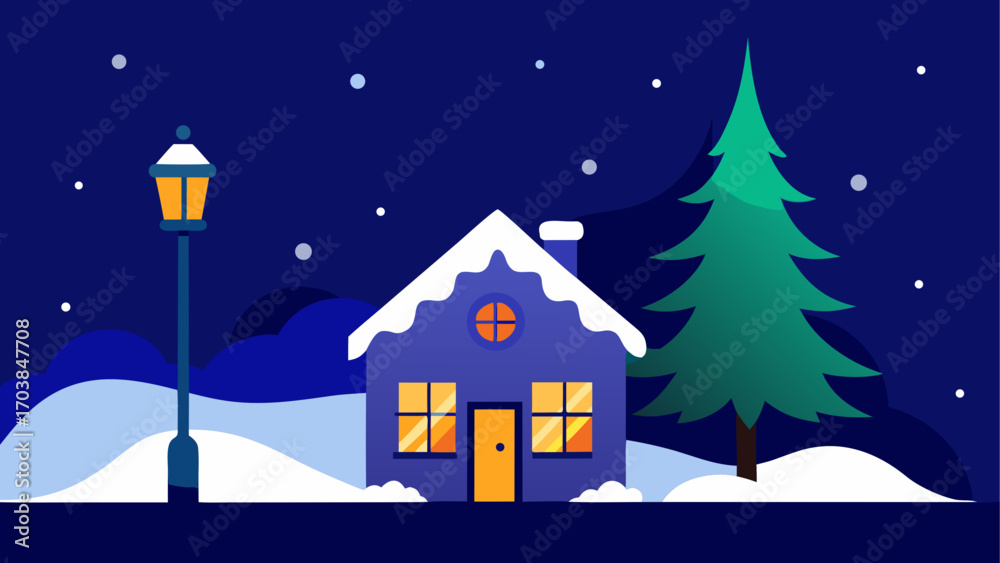 Fototapeta premium Winter scene with house and christmas tree
