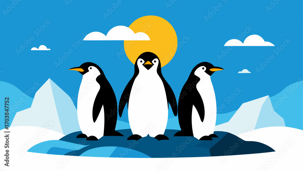 Obraz premium Three penguins stand on ice under the sun