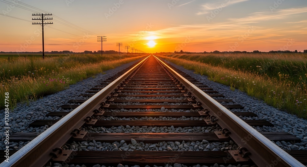 Fototapeta premium Sunset over Railroad Tracks Through Fields.