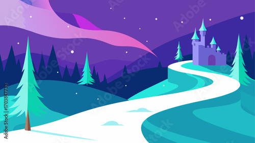 Winter landscape with castle and snowy path