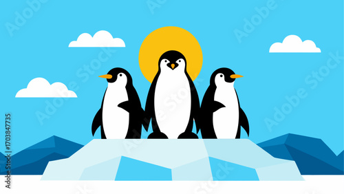 Three penguins on iceberg with sun behind