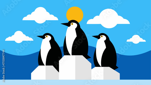 Three penguins standing on ice under sun