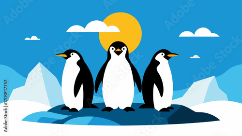Three penguins stand on ice under the sun