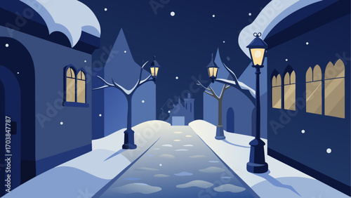Winter town street with snow and lampposts