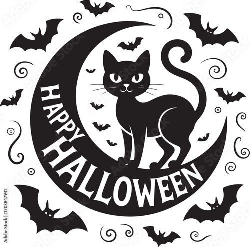 Silhouette halloween scene with haunted houses trees and bats under a full moon spooky and festive design