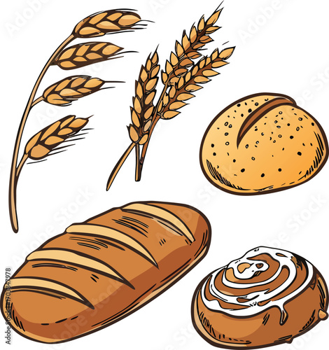 Wheat stalks and baked goods grain bread