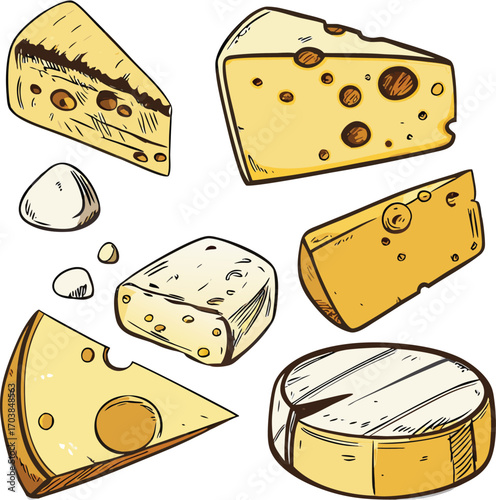 Various cheese wedges and rounds with holes dairy food