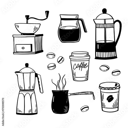 Set of coffee pots, coffee cups, grinder and percolator. Isolated design elements for menu, packaging. Black and white vector illustration.