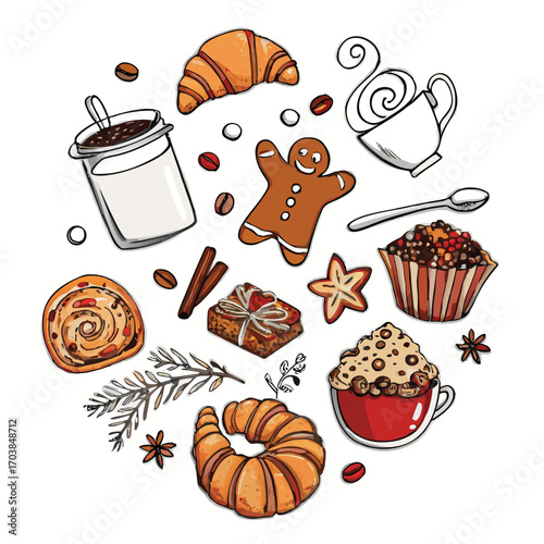 Baked goods and coffee drinks with festive decorations croissant gingerbread