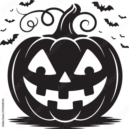Silhouette halloween scene with haunted houses trees and bats under a full moon spooky and festive design