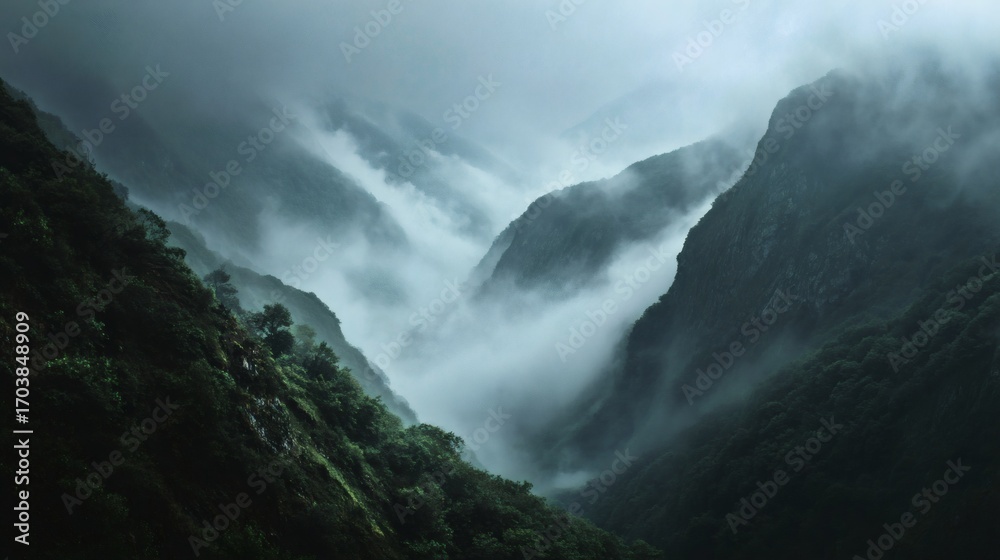 Fototapeta premium Mystical Mountain Range with Foggy Valleys and Lush Greenery – Scenic Artwork for Creative Markets and Nature Mood Boards