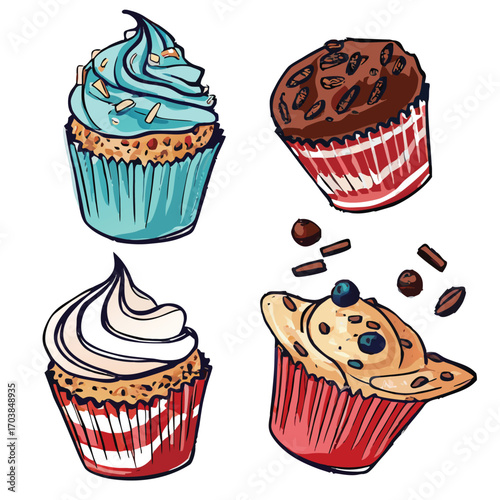 Four delicious cupcakes with colorful frosting and toppings muffin blue