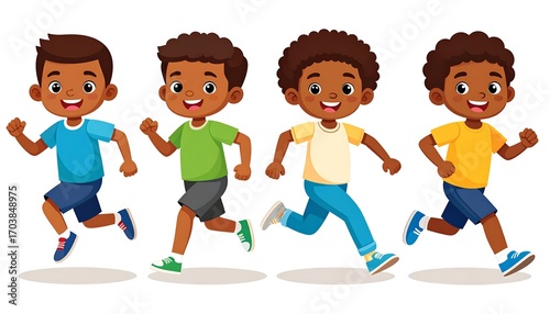 Four kids running, cartoon style