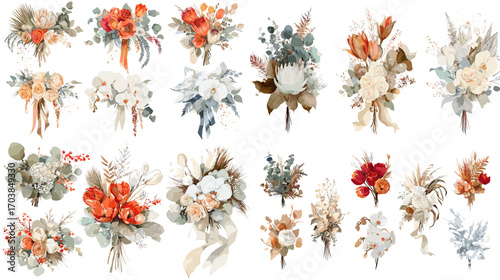 Elegant watercolor floral bouquet illustration set with roses, eucalyptus, ribbons, and botanical arrangements, perfect for weddings, cards, and decorations.