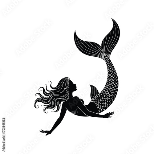 Enchanting Mermaid Silhouette Illustration Swimming Underwater Mythical Creature Aquatic Art