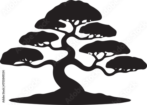 Artistic silhouette of a majestic bonsai tree with stylized foliage and a curved trunk