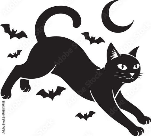 Silhouette halloween scene with haunted houses trees and bats under a full moon spooky and festive design