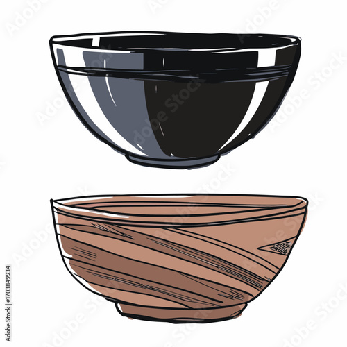 Two ceramic bowls one dark one earth toned vector
