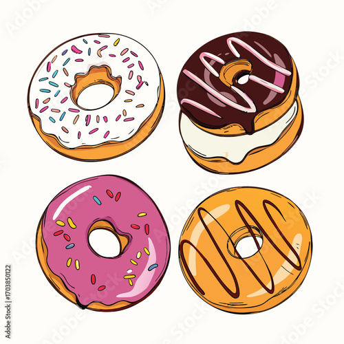 Four colorful frosted donuts with sprinkles frosting sweet