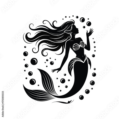 Captivating Mermaid Silhouette Illustration with Bubbles Underwater Aquatic Beauty Design