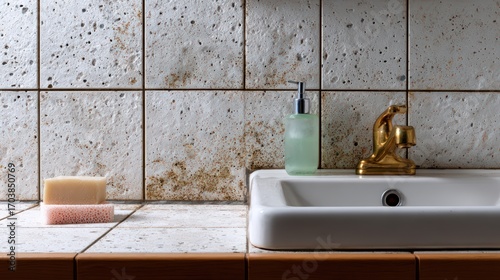 Bathroom Sink with Moldy Tiles and Soap Dispenser