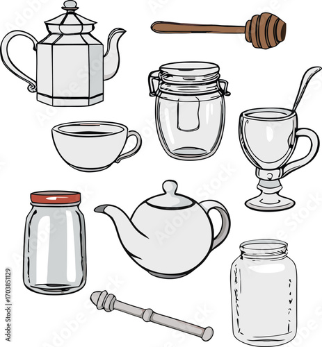 Various kitchenware and serving items with a simple design teapot honey
