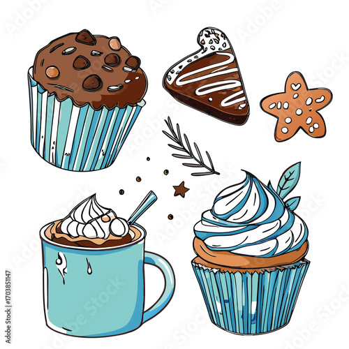 Chocolate muffin cupcake hot drink gingerbread cookie star cookie vector