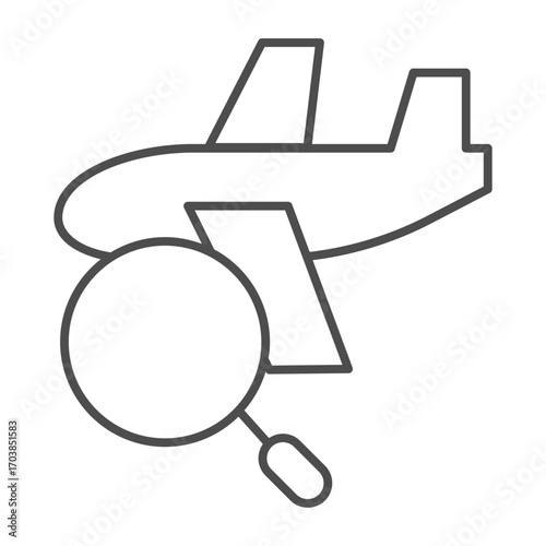 Aircraft with magnifier thin line icon, air travel booking concept. Vector graphics. Airplane flight search, wayfinding sign on white background, outline style icon for mobile or web design.