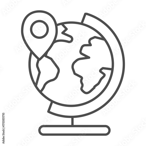 Place at planet earth thin line icon, traveler survey concept. Vector graphics. World globe with location pin, traveling sign on white background, outline style icon for mobile or web design.