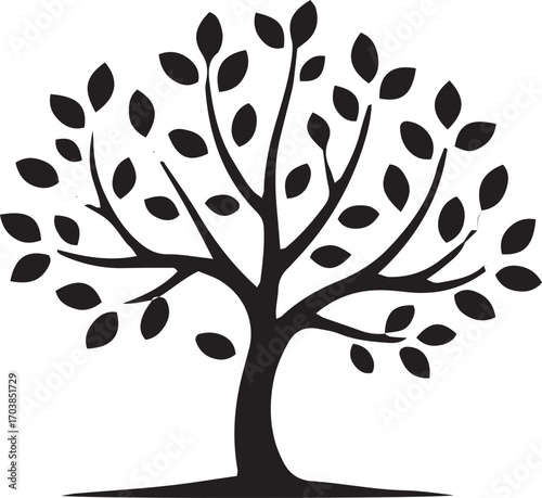 Stylized black tree silhouette with full canopy of leaves ideal for nature and symbolism
