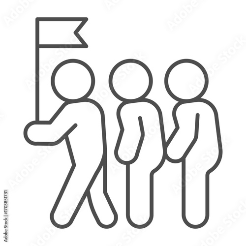 Group of tourists and guide with flag thin line icon, traveler survey concept. Vector graphics. Guide man with people, travel sign on white background, outline style icon of mobile or web design.