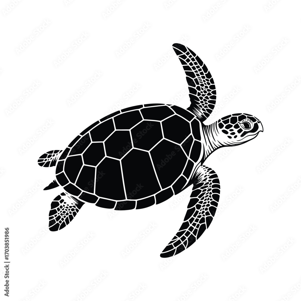 Obraz premium Sea Turtle Silhouette Illustration of a Marine Animal Swimming in the Ocean Depths