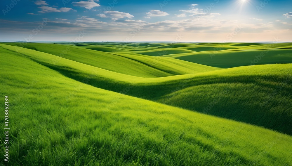 Fototapeta premium Rolling green hills under a bright blue sky, bathed in sunlight.