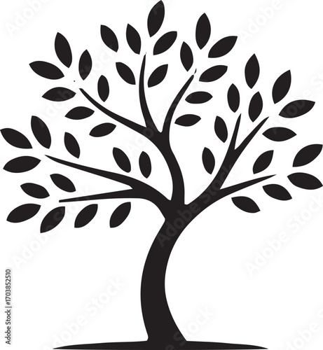Stylized silhouette of a lush deciduous tree with spreading branches and vibrant leaves
