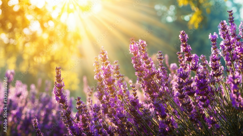 Obraz premium A stunning lavender field glows under warm sunlight during the evening. The vibrant purple flowers create a beautiful contrast with the golden rays, enhancing the serene atmosphere.
