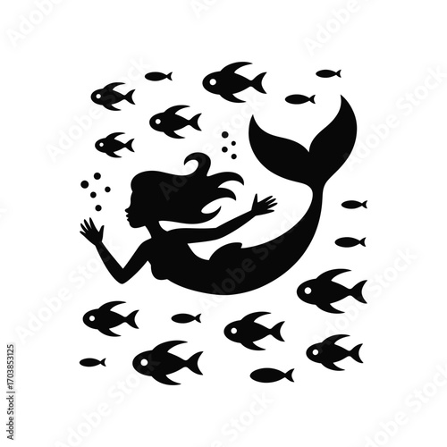 Mermaid Silhouette Illustration Surrounded by Fish in an Underwater Scene