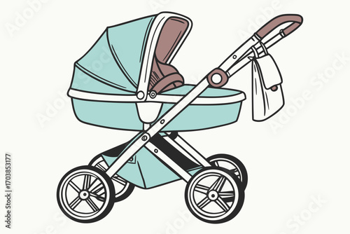 Illustration of a classic teal baby pram with a brown handle