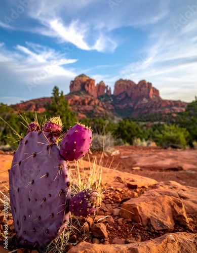 Purple prickly pear cactus in foreground, red rock mountains in background, vibrant colors, sunny day, desert landscape