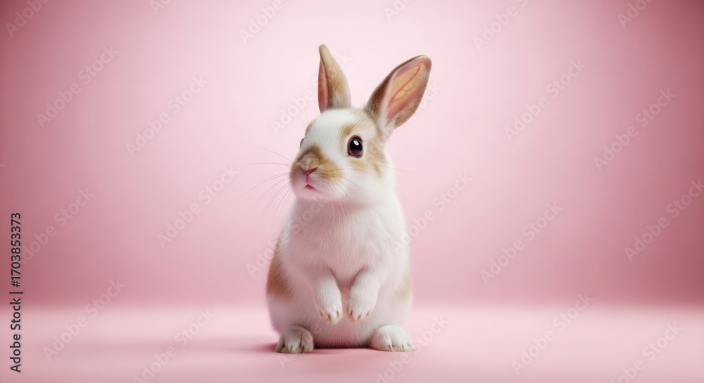 Fototapeta premium Adorable bunny sitting upright on a pink background perfect for easter holiday use