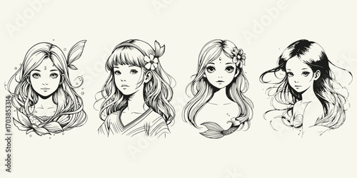 mermaid girl anime portrait sketch illustration vector set