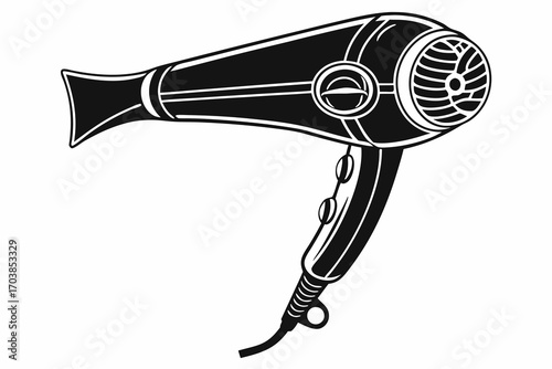 Stylized black and white icon of a hair dryer