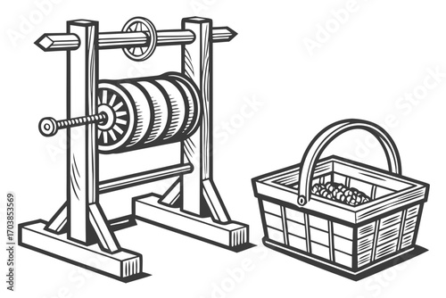 Vintage winch and basket illustration