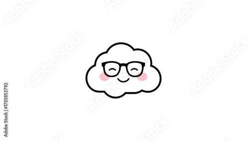 Cute smiling kawaii cloud character with nerdy glasses. A simple and adorable vector weather icon